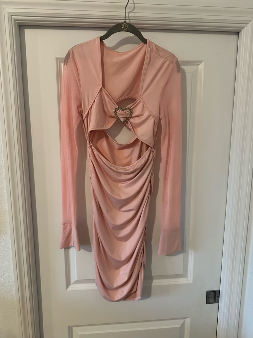 SHEIN Blush Pink Long-Sleeve Cutout Ruched Dress with Heart Ring